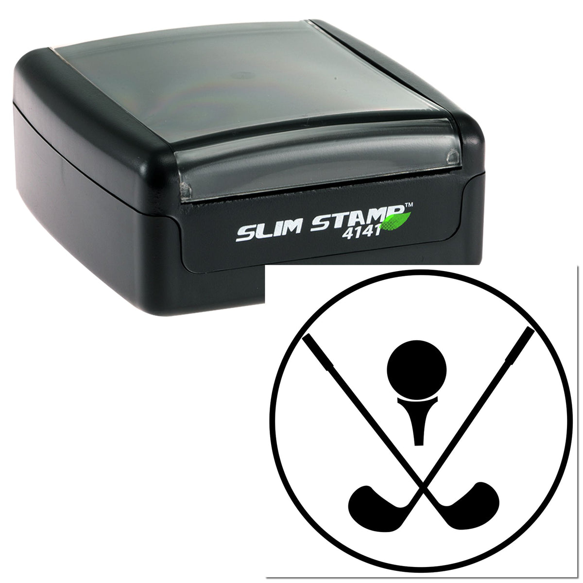 Black Slim Stamp 4141 self-inking stamp with translucent gray top and black circular golf seal emblem.