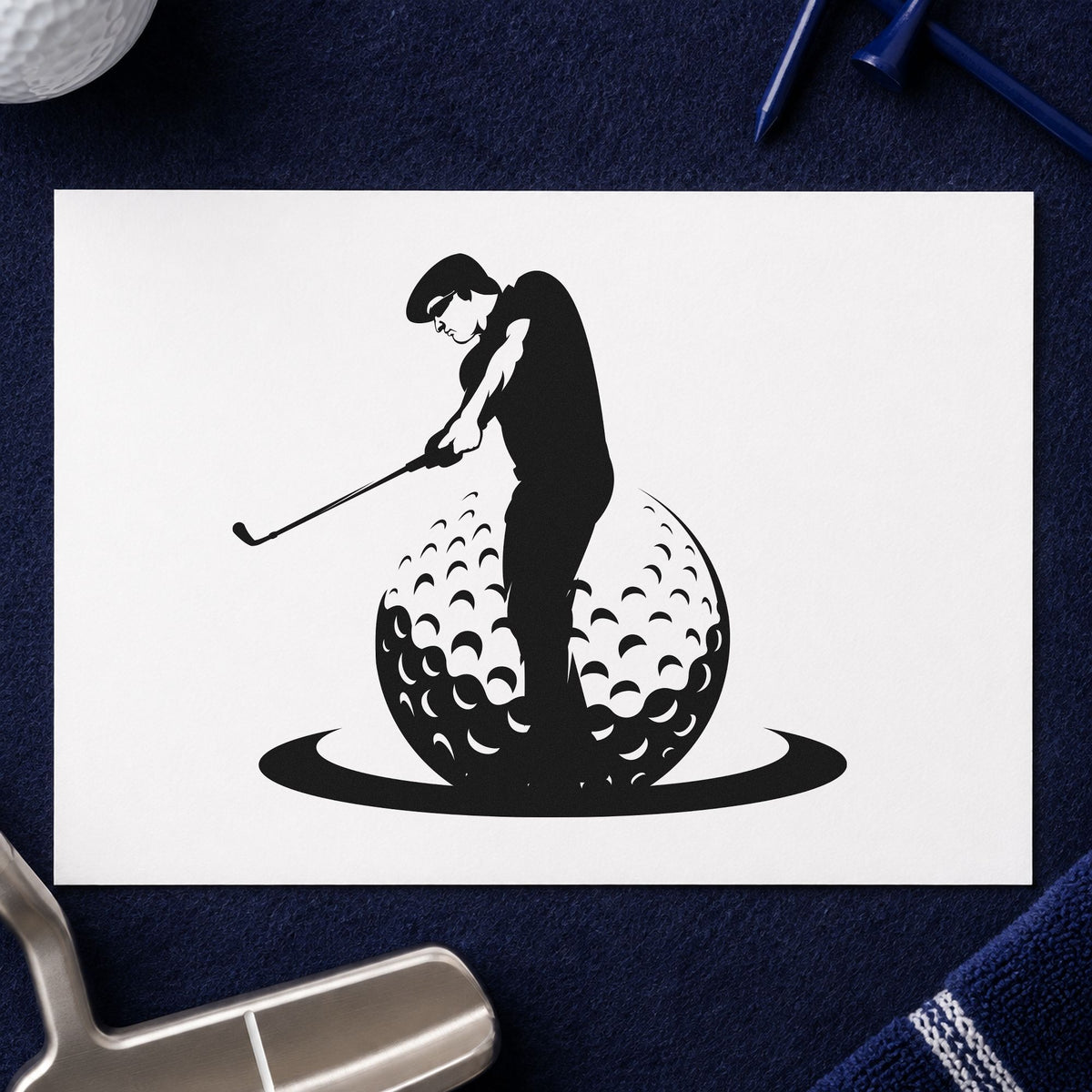 Golfer Standing On Ball craft stamp in black ink on cardstock, an easy option for lesson block album page.