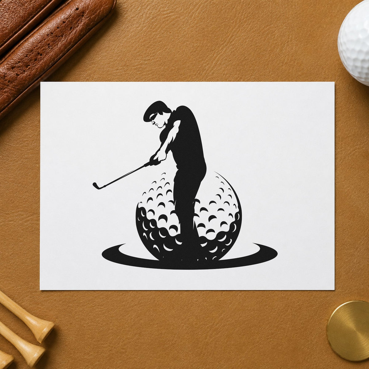 Golfer Standing On Ball craft stamp imprint in black ink on a handmade project, one idea being aid kit gift tags.