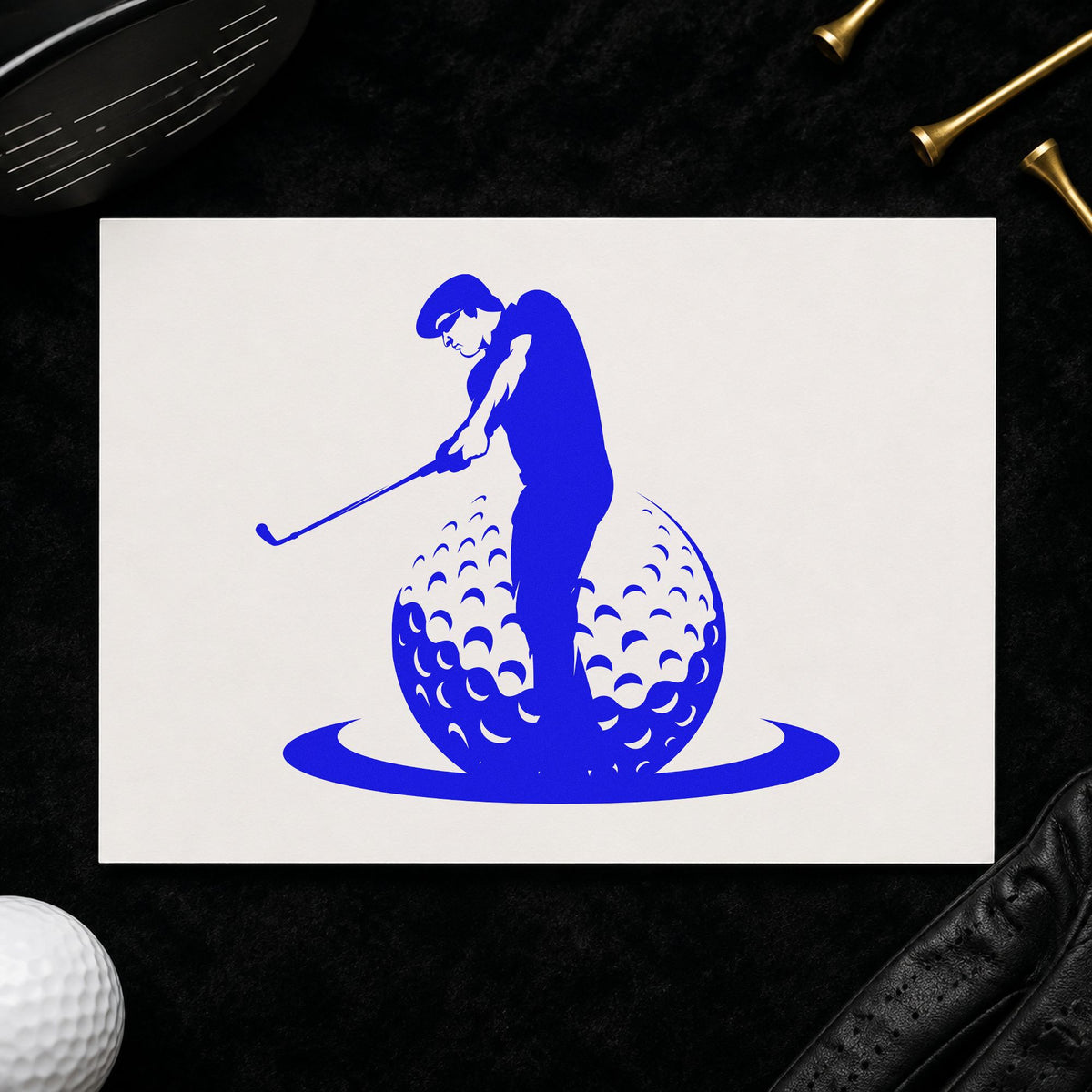 Golfer Standing On Ball craft stamp in blue ink on cardstock, an easy option for alignment mat printing.