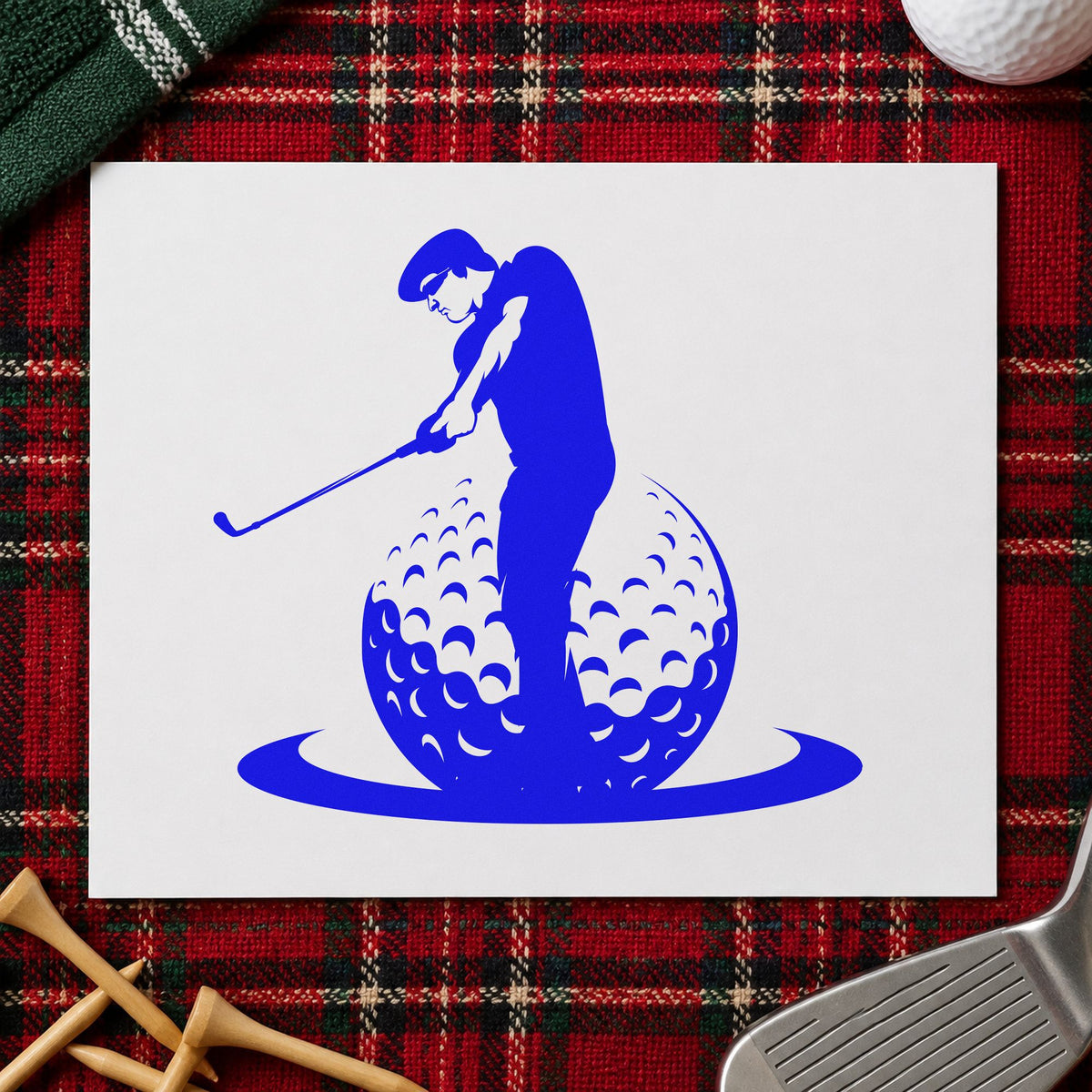 Golfer Standing On Ball craft stamp imprinted in blue ink on paper, a design suited to framed teaching bay.