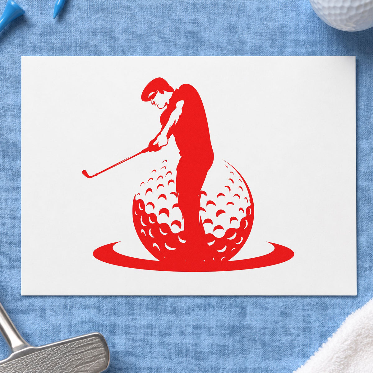 Golfer Standing On Ball rubber stamp shown in red ink, stamped for projects such as bin aid labels.