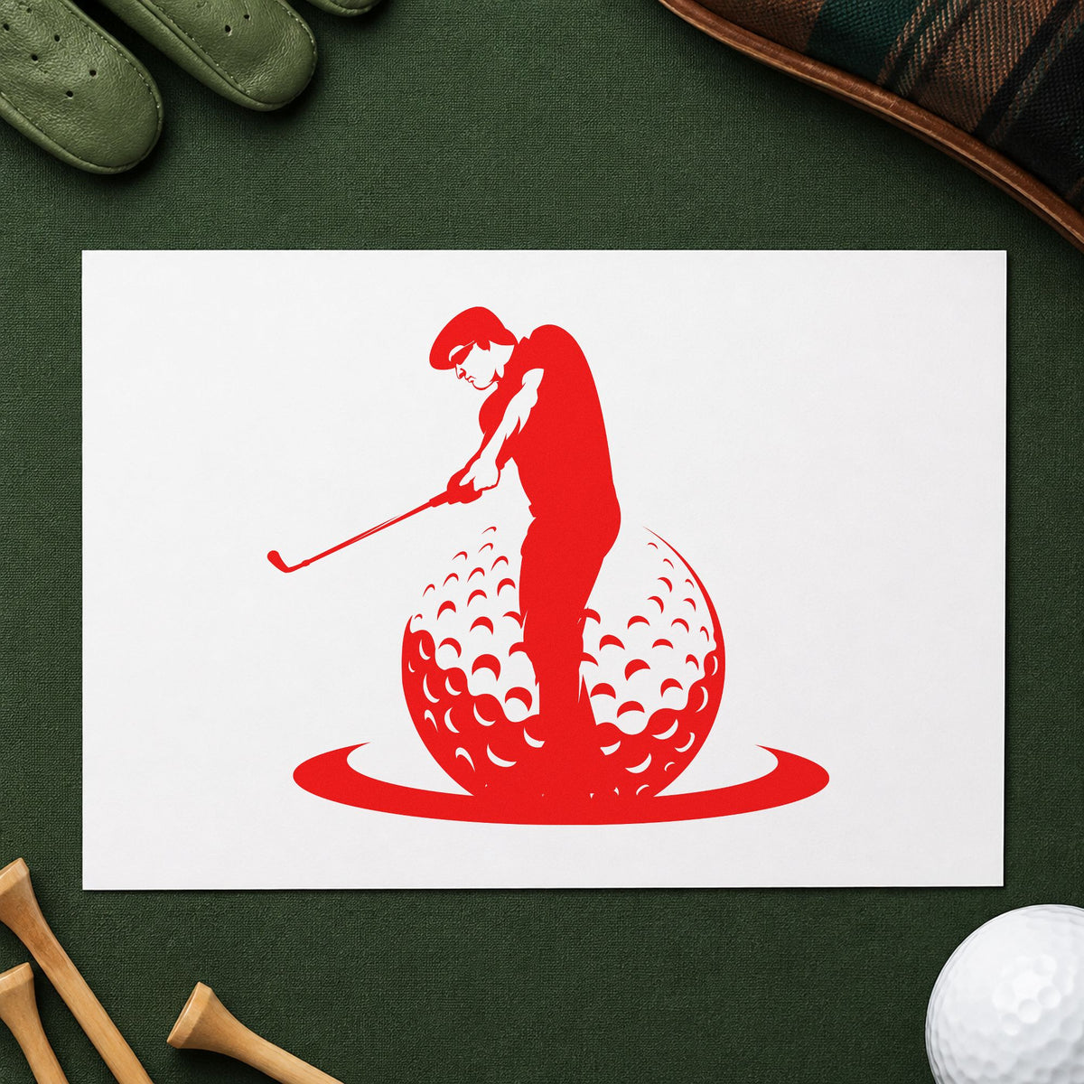 Golfer Standing On Ball craft stamp imprint in red ink on a handmade project, one idea being drill take cards.