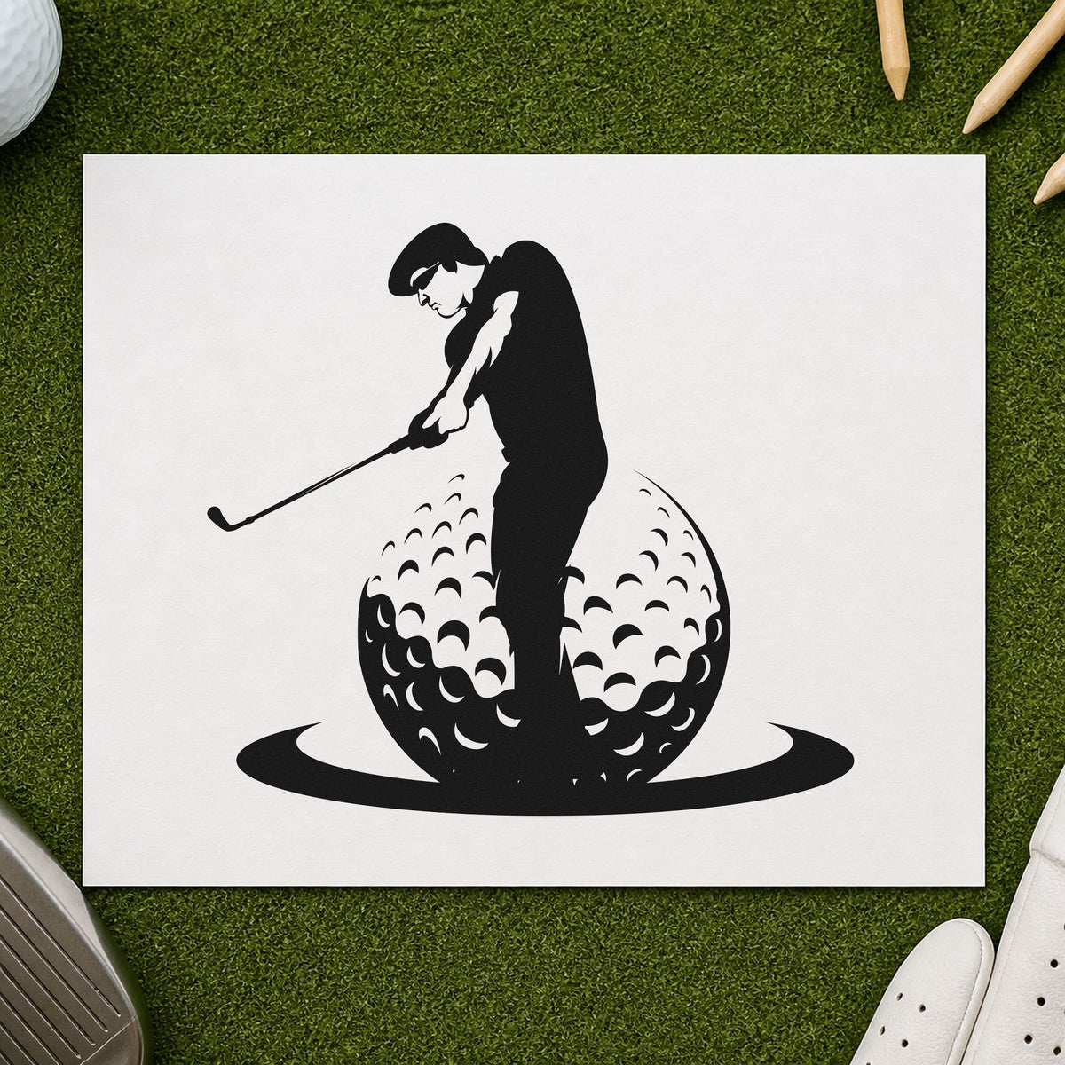 Golfer Standing On Ball rubber stamp printed in black ink, ready for giant ball cards and similar paper crafts.
