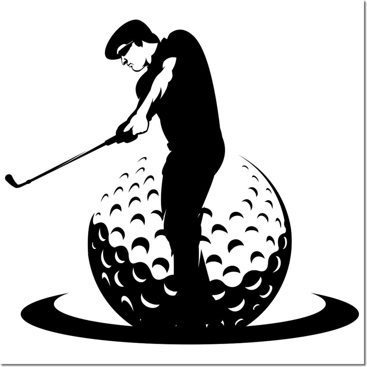 Black golf stamp and seal design featuring a golfer swinging atop a patterned ball on a white background.