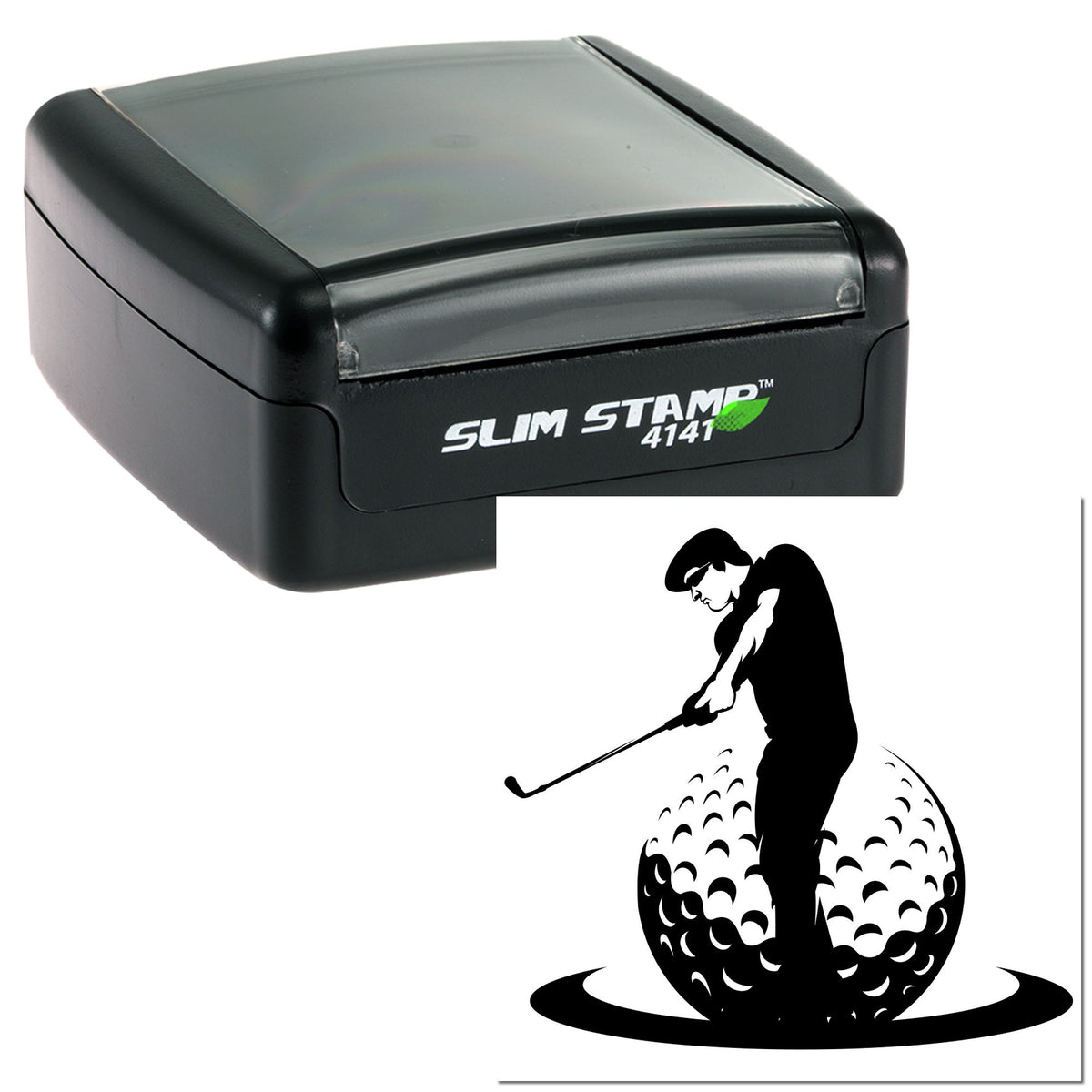 Black Slim Stamp 4141 self-inking stamp with translucent gray lid and golf golfer seal design