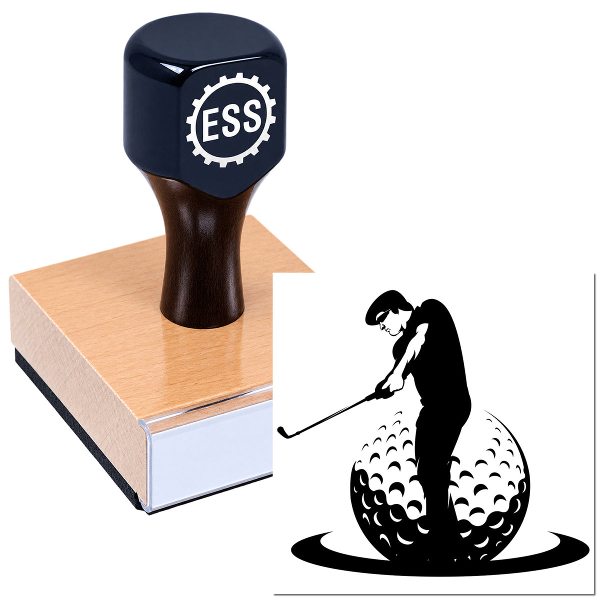 Custom ESS rubber stamp with black handle on a wooden block, beside a black golf-themed seal design on white background.