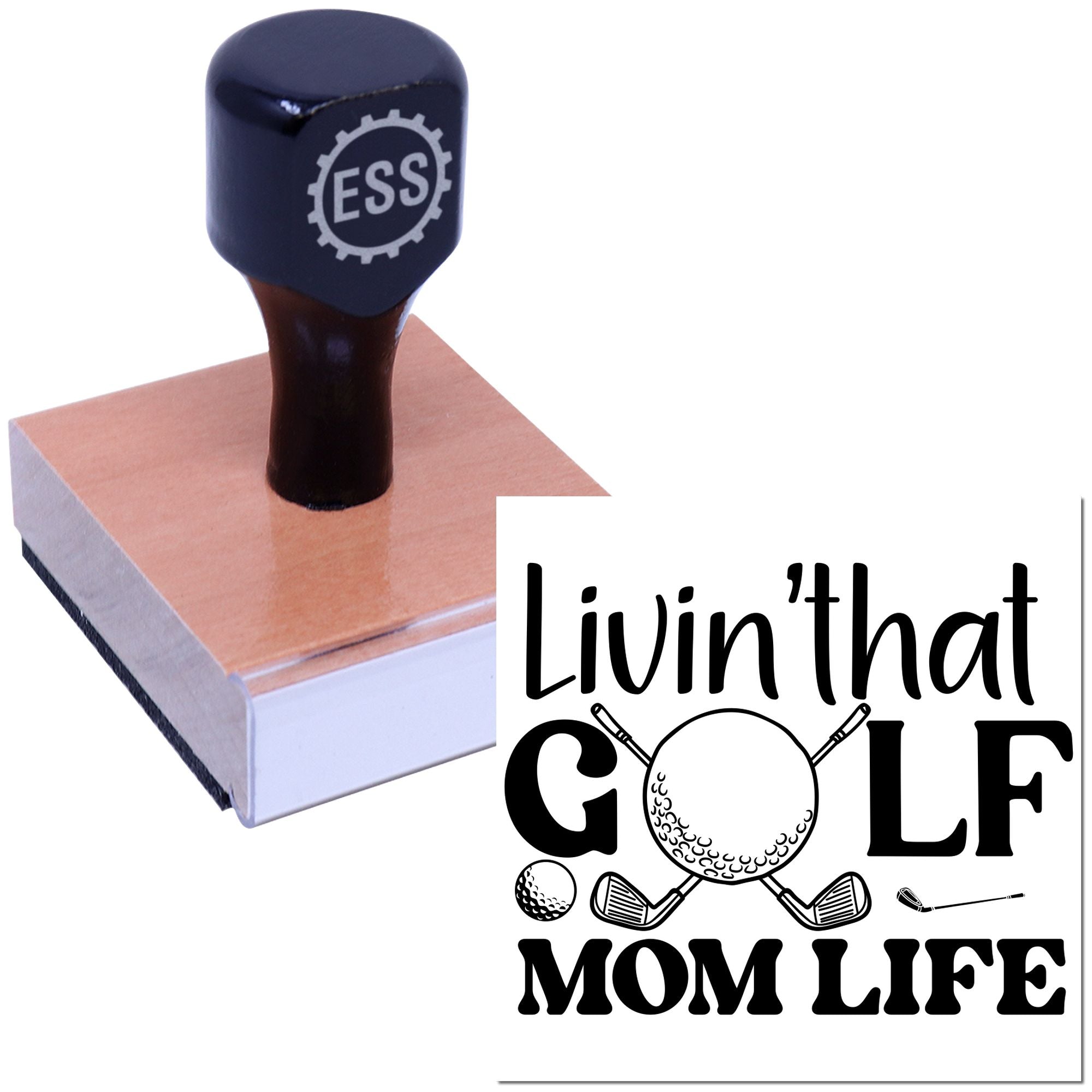 Custom golf stamp and seal with navy handle, pink base, and Livin that GOLF MOM LIFE golf-themed imprint