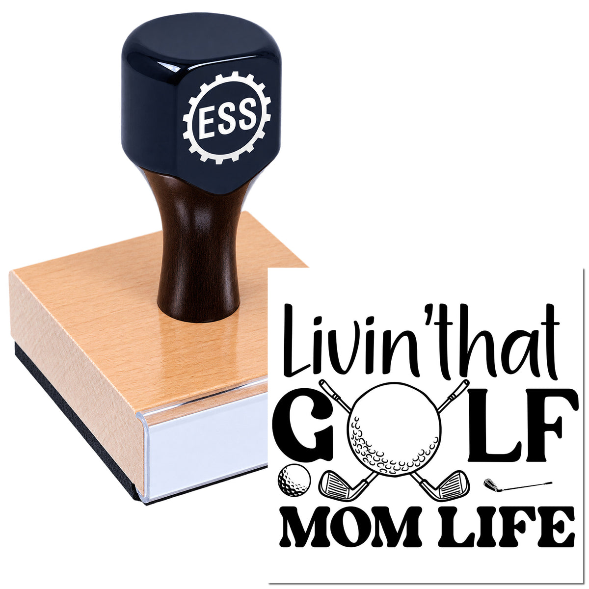 Custom golf stamp and seal with navy handle, pink base, and "Livin' that GOLF MOM LIFE" golf-themed imprint
