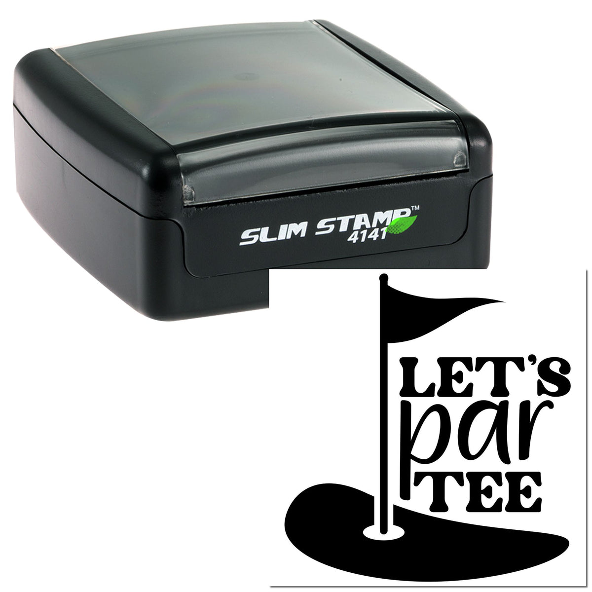 Black Slim Stamp 4141 self-inking stamp with gray top and custom Lets Party Tee seal design.