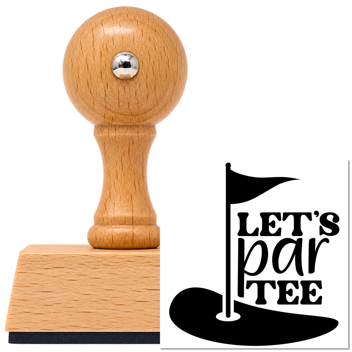 Vintage Pro beech wood stamp with a round knob handle, shown with its black Putting Green Flag With Let's Par Tee imprint on white.