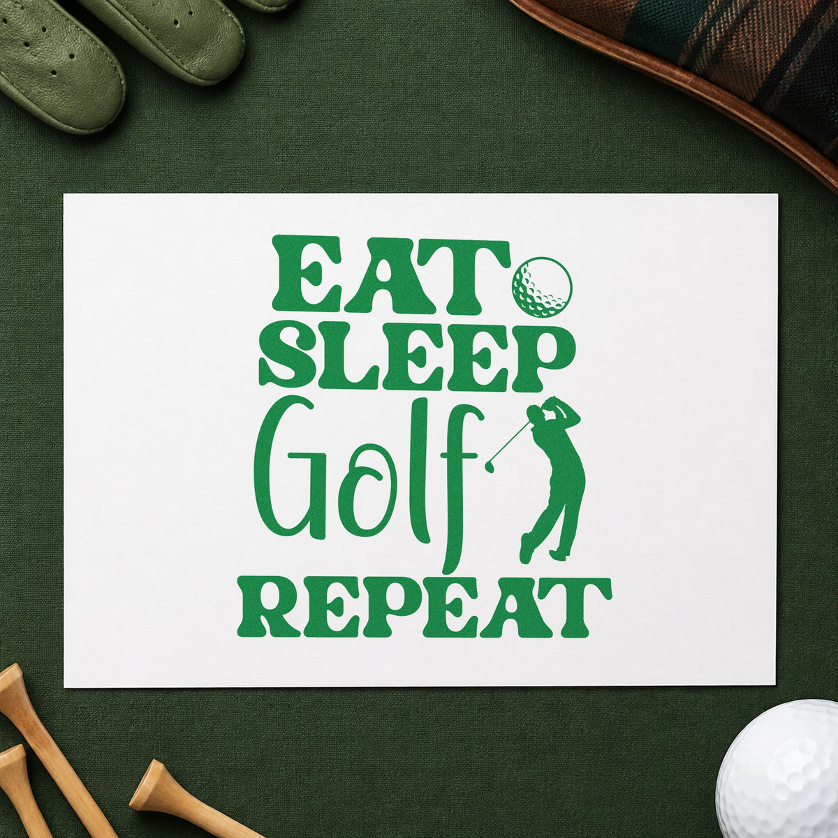 Eat Sleep Golf Repeat craft stamp imprint in green ink on a handmade project, one idea being skill note cards.