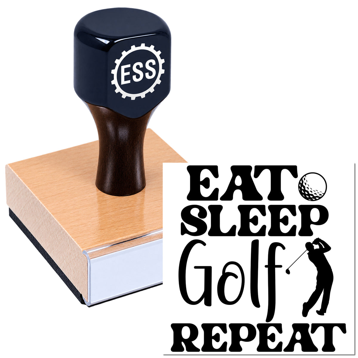 Black ESSI golf stamp on a pink seal block with bold EAT SLEEP GOLF REPEAT design in black text.