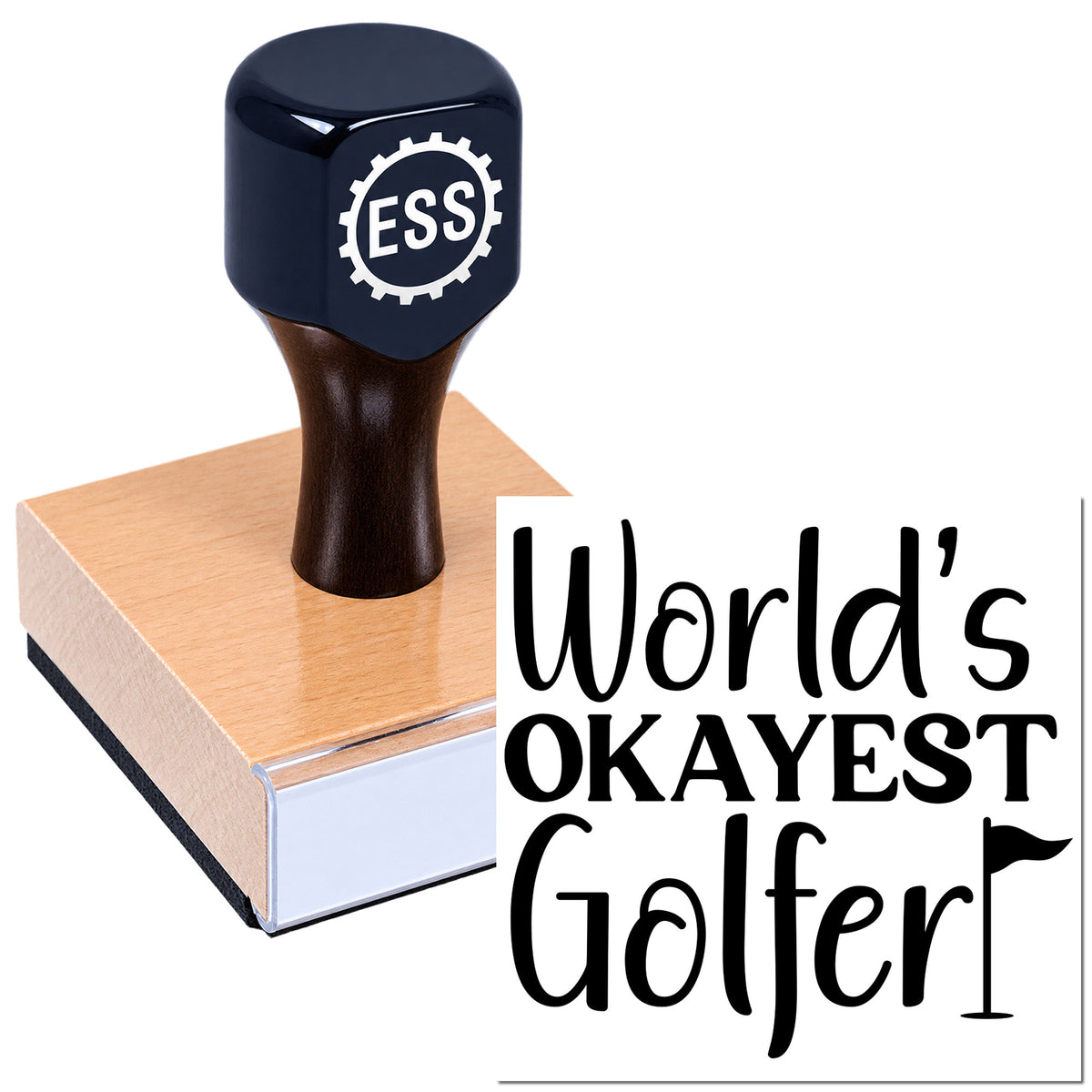 Dark navy ESS stamp and seal with rose gold base and "World's Okayest Golfer!" text
