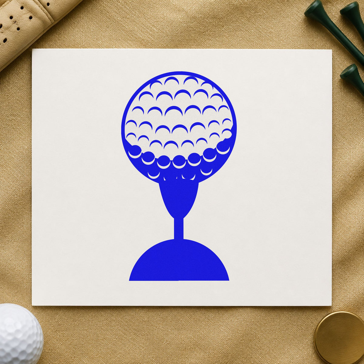Golf Ball Tee Shadow craft stamp in blue ink on cardstock, an easy option for wash apron printing.