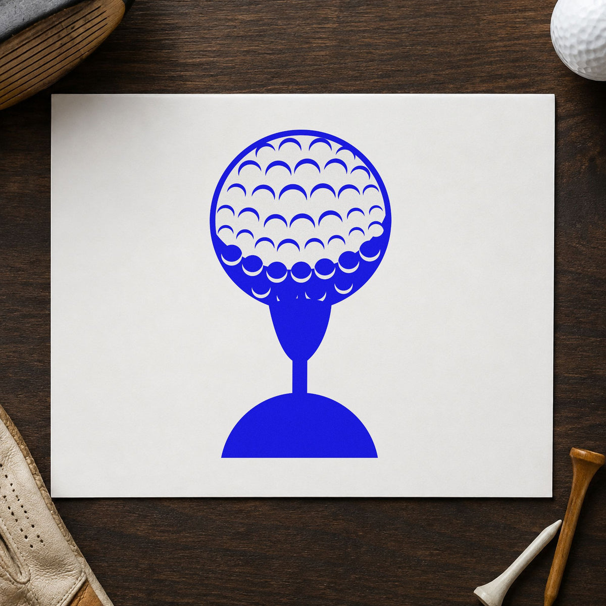 Golf Ball Tee Shadow craft stamp imprinted in blue ink on paper, a design suited to framed sorting shed.