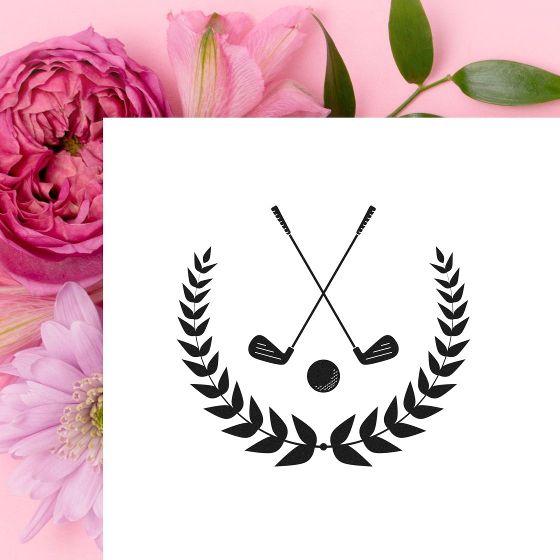 Black golf stamp and seal logo with crossed clubs, ball, and laurel wreath on a pink floral background.