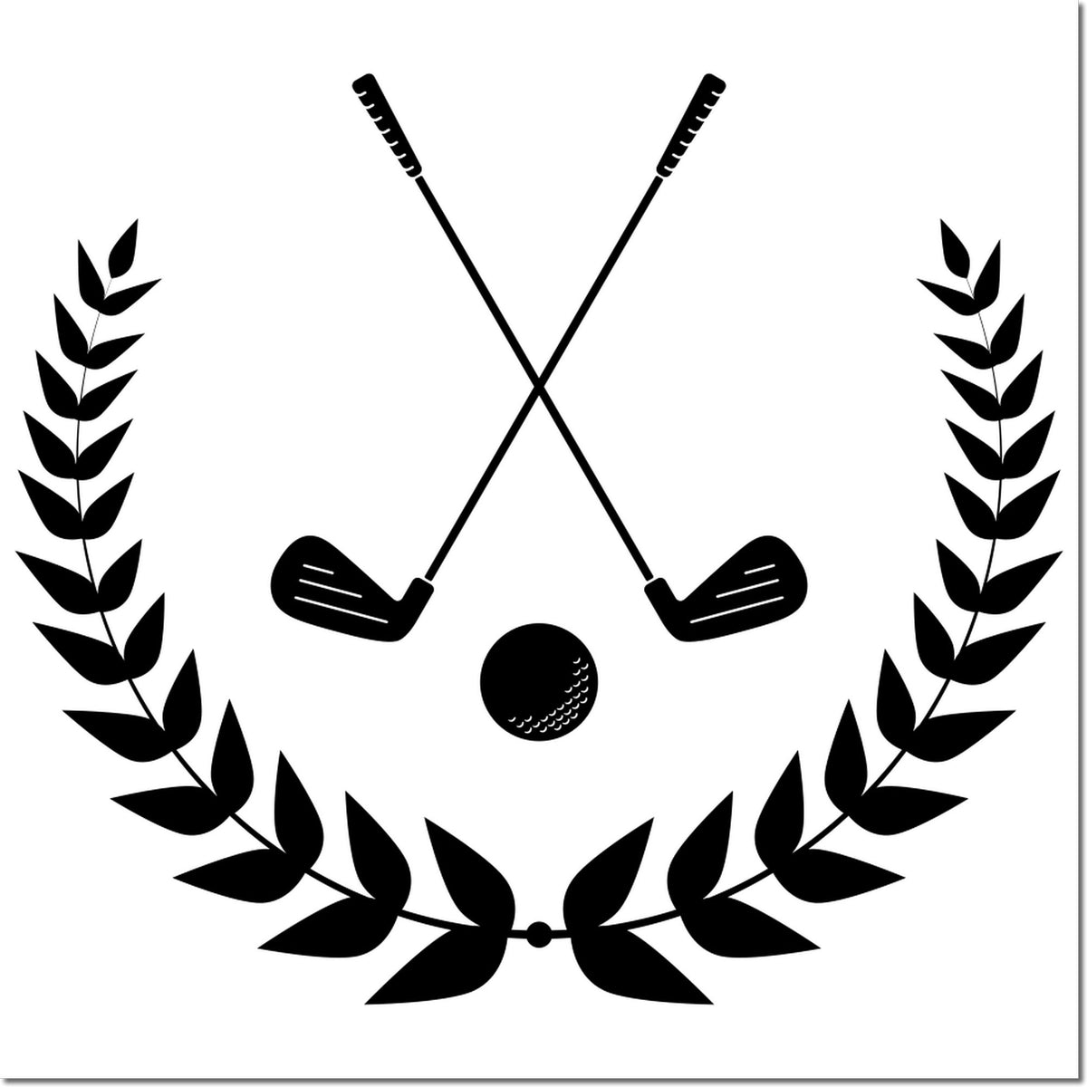 Black crossed golf clubs with laurel wreath and golf ball stamp seal emblem on white background