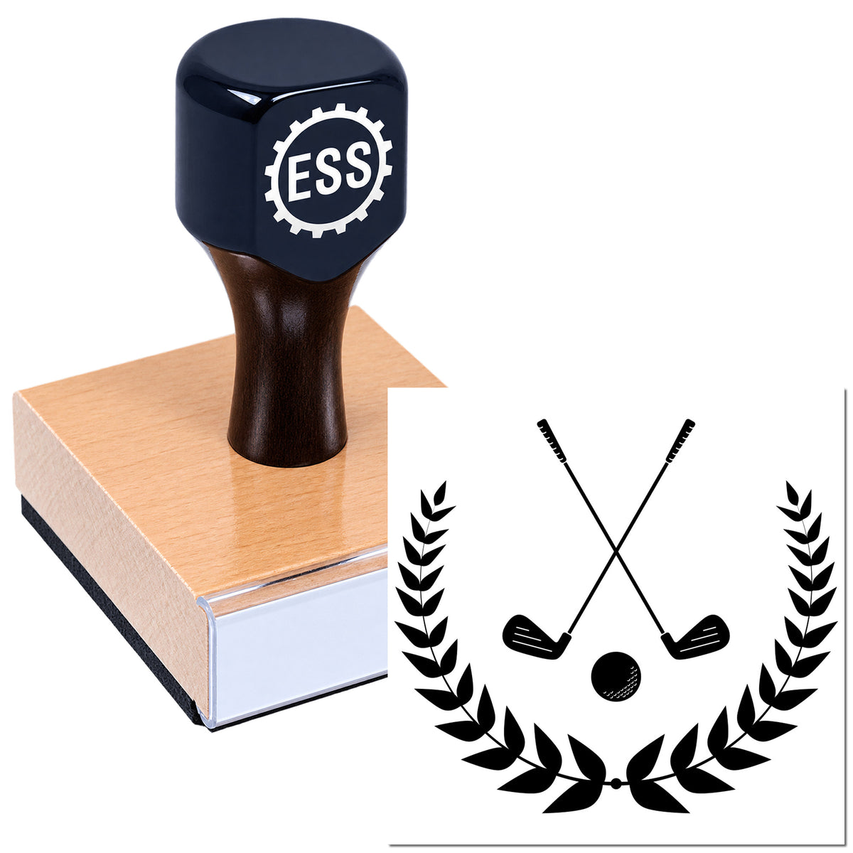 Dark navy custom golf stamp and seal with ESS logo, wooden handle, and black crossed-clubs emblem with laurel wreath.