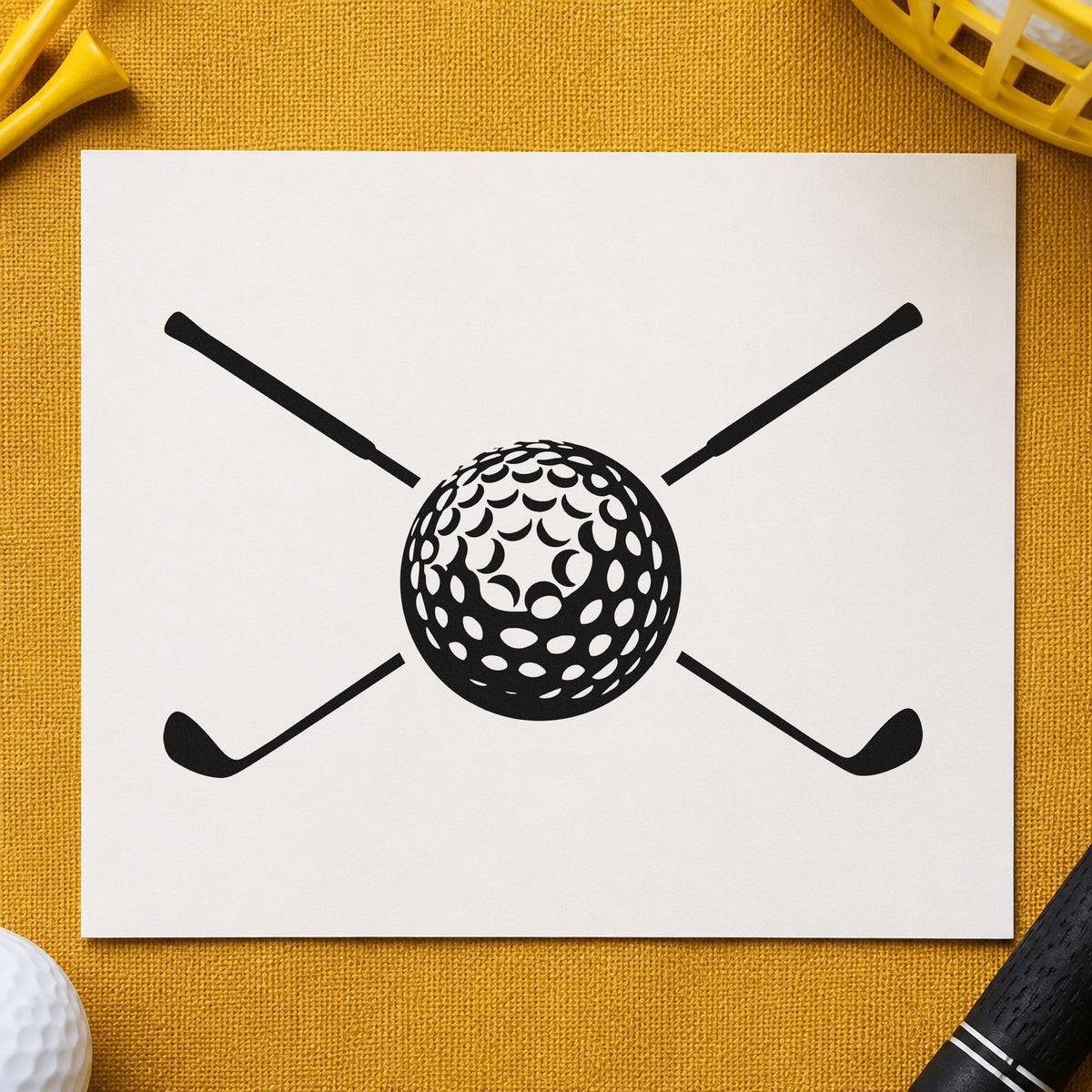 Golf Ball Crossed Clubs craft stamp imprint in black ink on a handmade project, one idea being trophy gift tags.