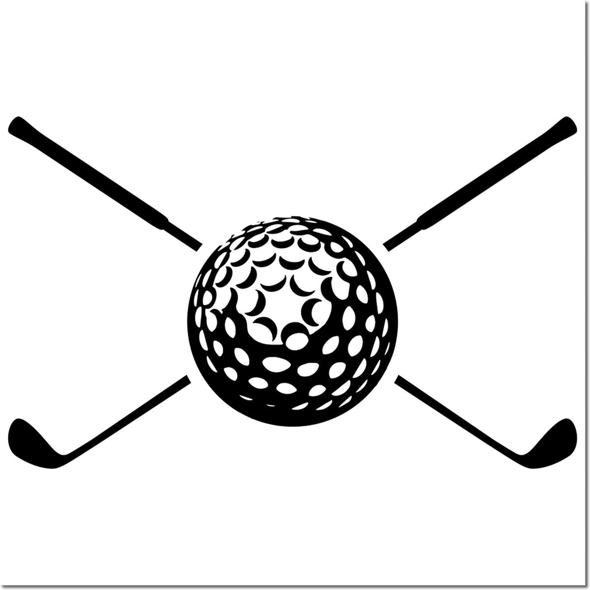 Black golf stamp and seal design with crossed clubs and dimpled golf ball on white background