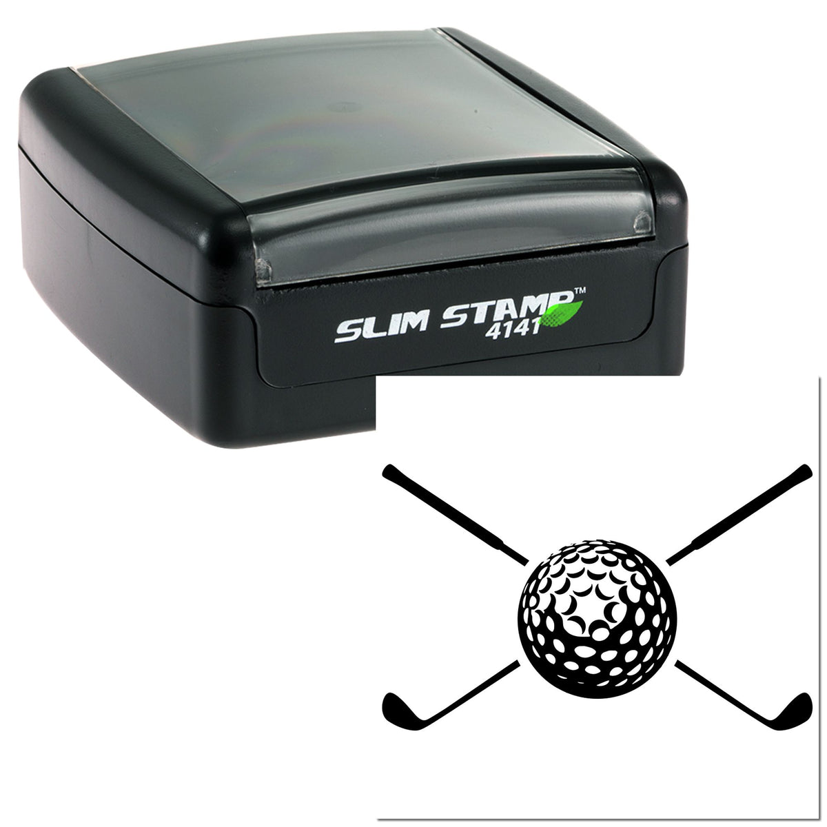 Black Slim Stamp 4141 self-inking stamp and golf ball logo seal with crossed clubs on white background