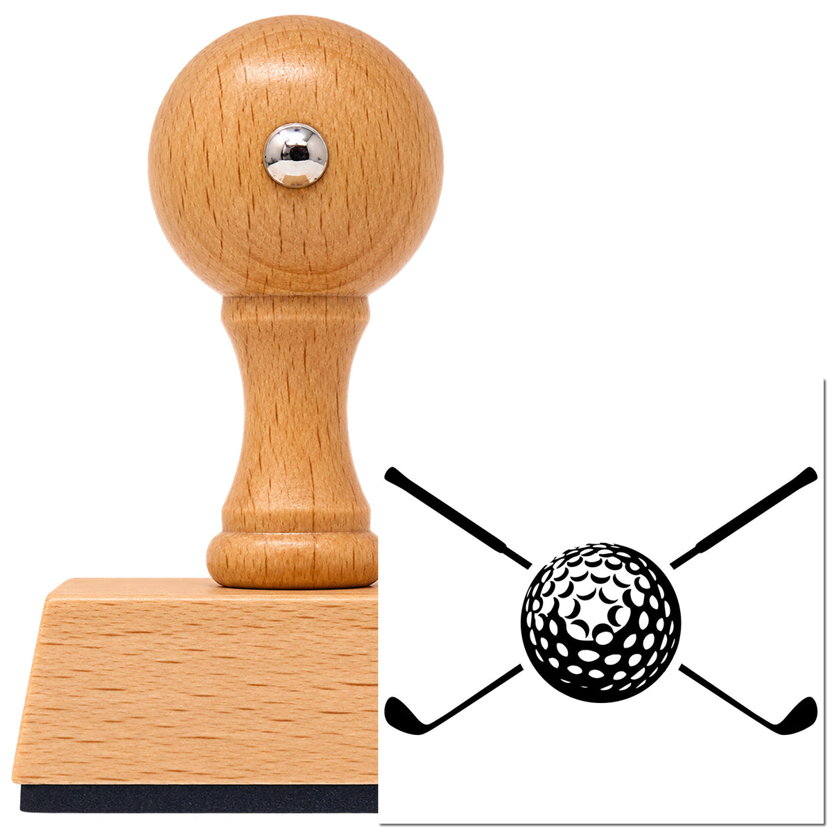 Vintage Pro beech wood stamp with a round knob handle, shown with its black Golf Ball With Two Crossed Clubs imprint on white.