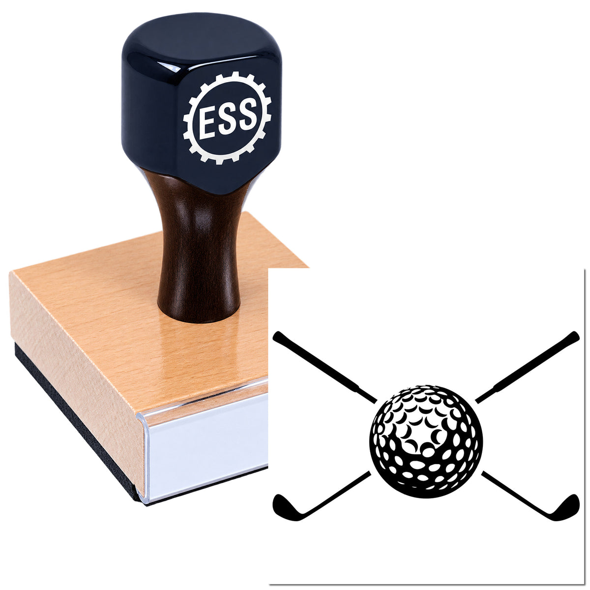 Black ESS stamp on tan wooden block with golf-ball seal emblem and crossed clubs on a white background
