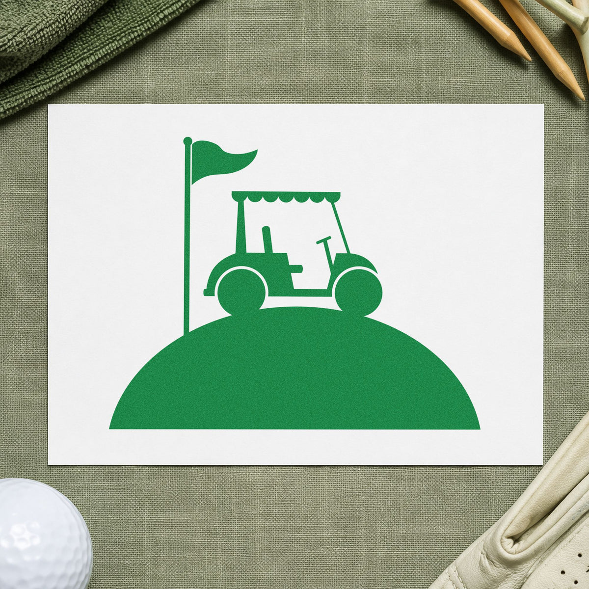Golf Cart Hill Flag craft stamp in green ink on cardstock, an easy option for grounds album page.