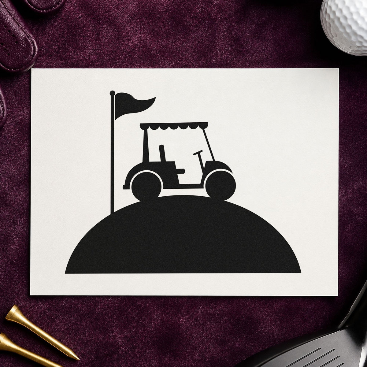 Golf Cart Hill Flag craft stamp imprint in black ink on a handmade project, one idea being crew kit gift tags.