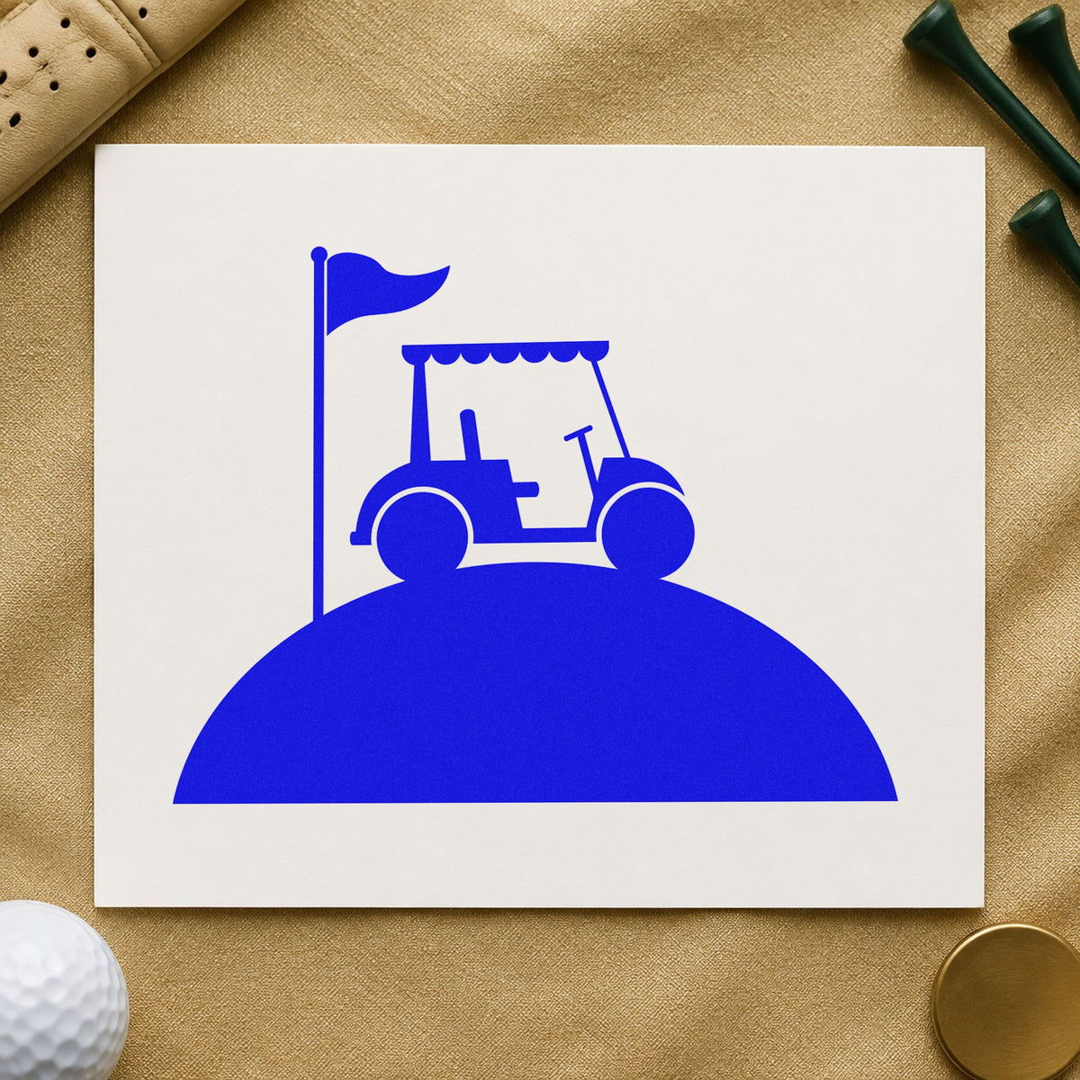 Golf Cart Hill Flag craft stamp in blue ink on cardstock, an easy option for work shirt printing.