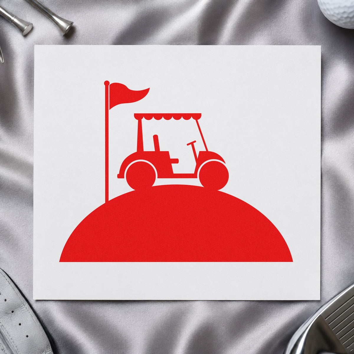 Golf Cart Hill Flag rubber stamp shown in red ink, stamped for projects such as bin blade labels.