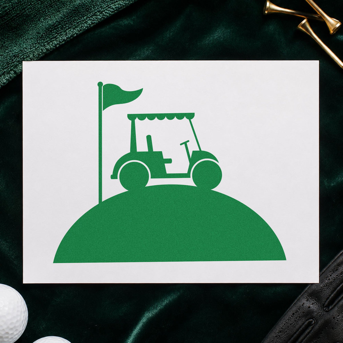 Golf Cart Hill Flag craft stamp imprint in green ink on a handmade project, one idea being course note cards.