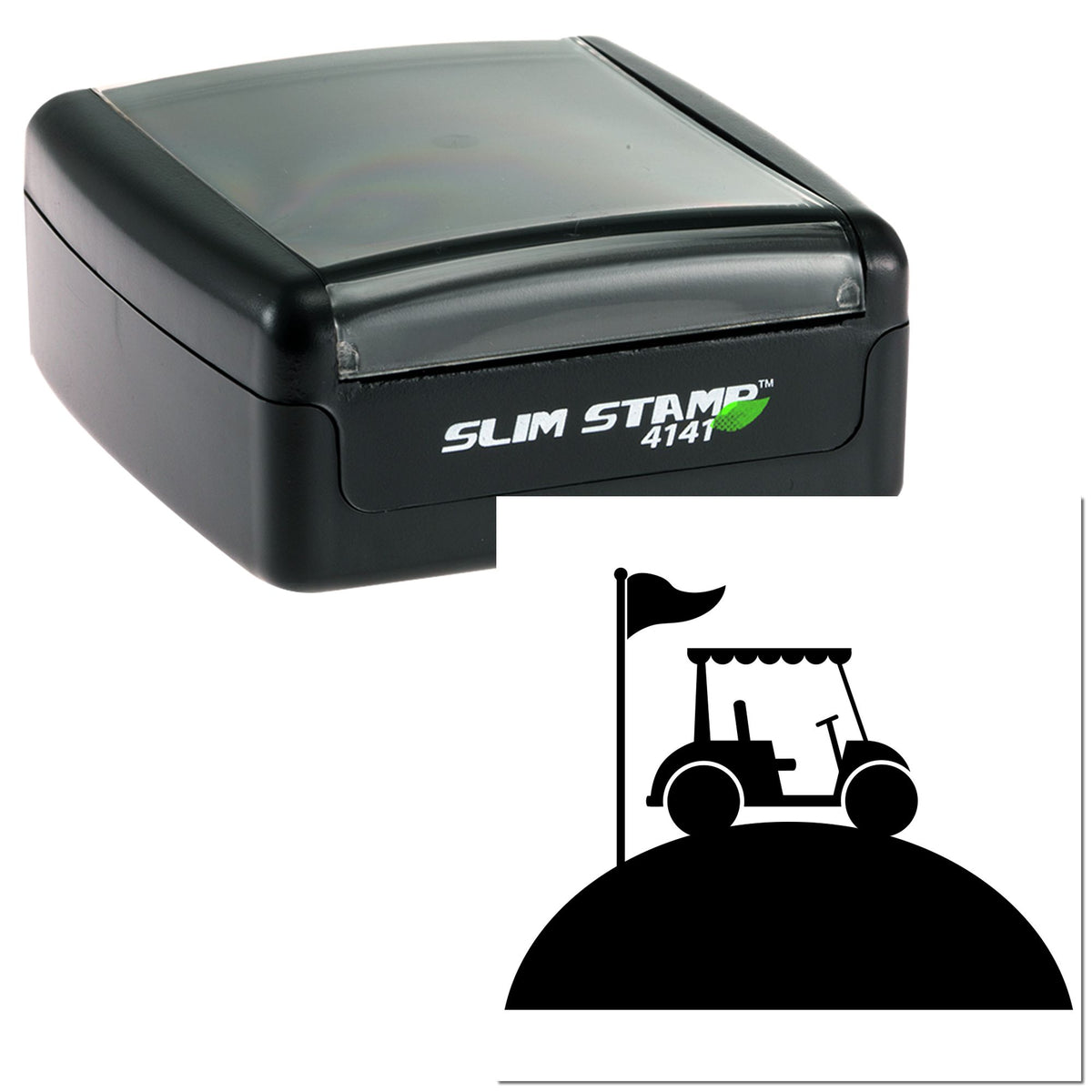 Black Slim Stamp 4141 self-inking seal with translucent gray top and golf cart logo?