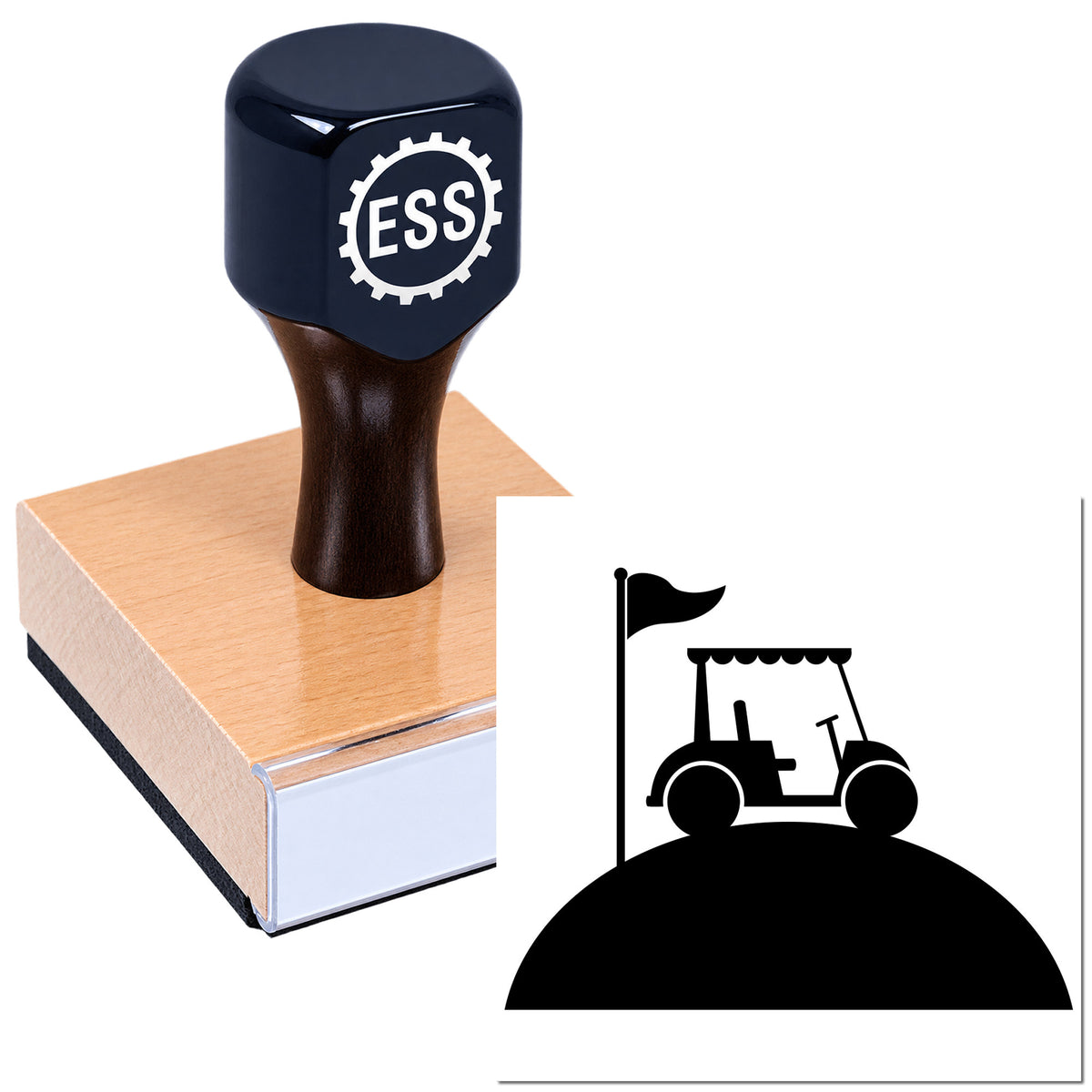 Dark blue ESS rubber stamp on a wooden block, with a black golf cart seal icon graphic.