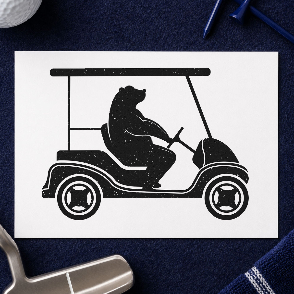 Bear Driving Golf Cart craft stamp in black ink on cardstock, an easy option for first year album page.