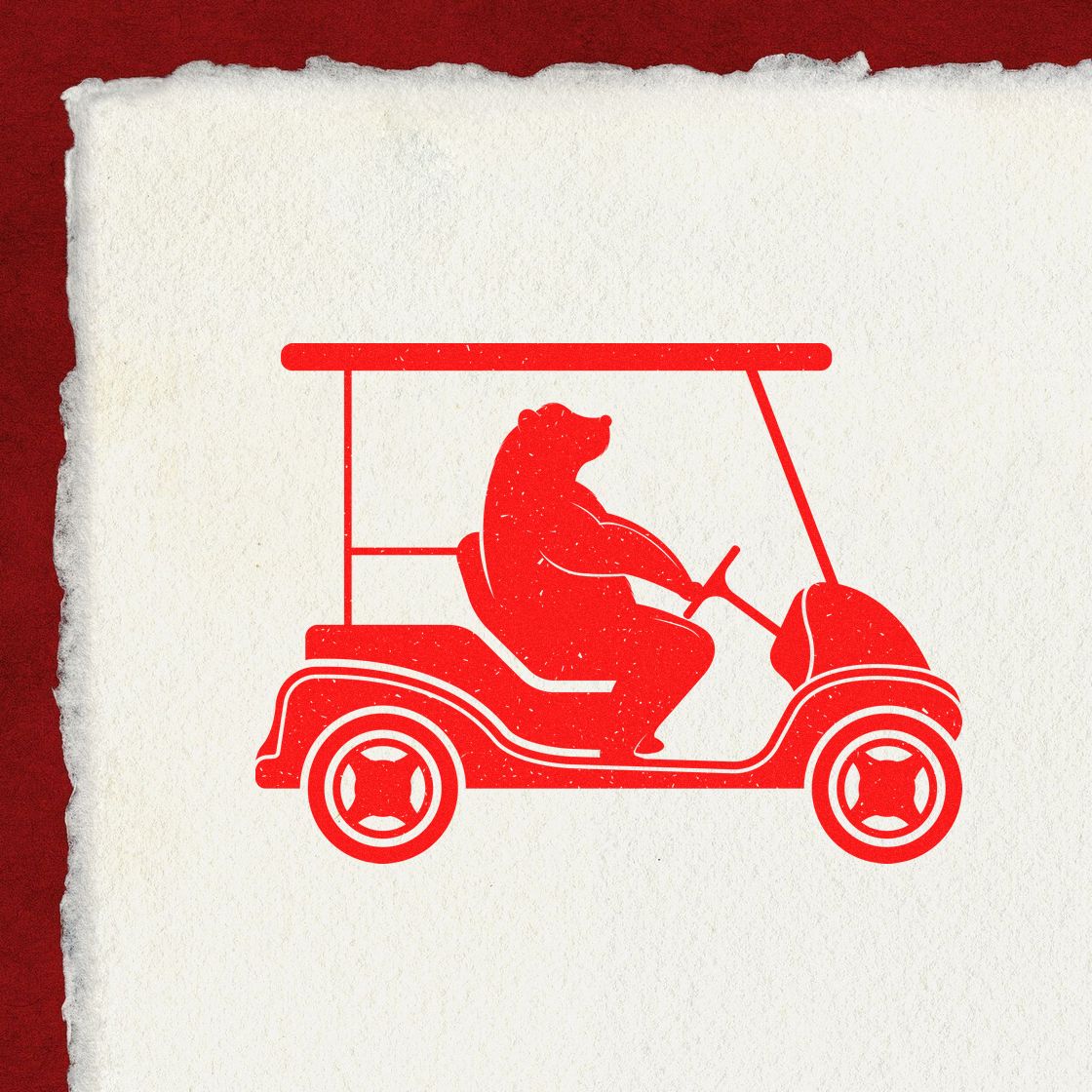 Red stamp-seal bear driving a golf cart on textured white paper, with torn edges and a deep red background.