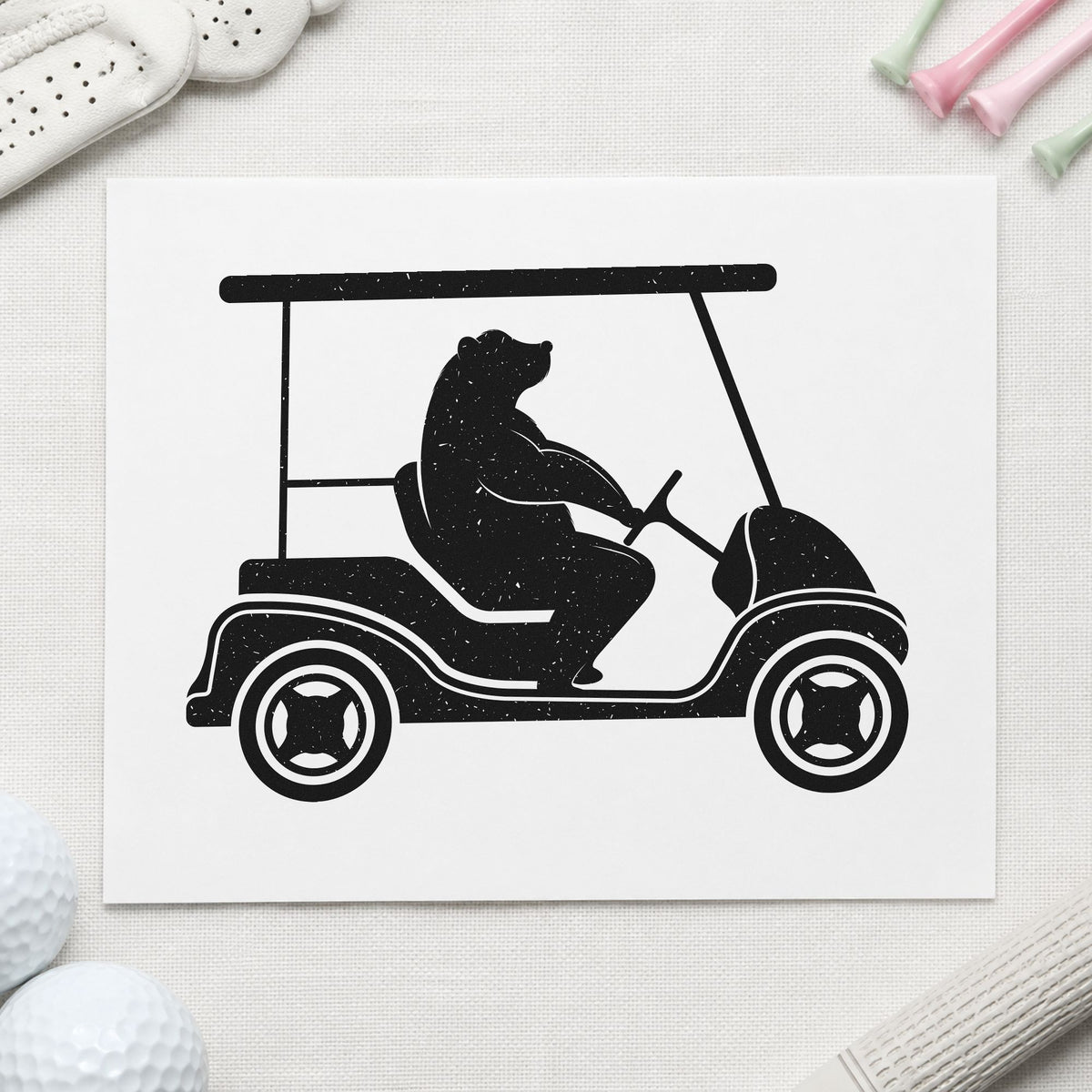 Bear Driving Golf Cart rubber stamp printed in black ink, ready for month note sheet and similar paper crafts.