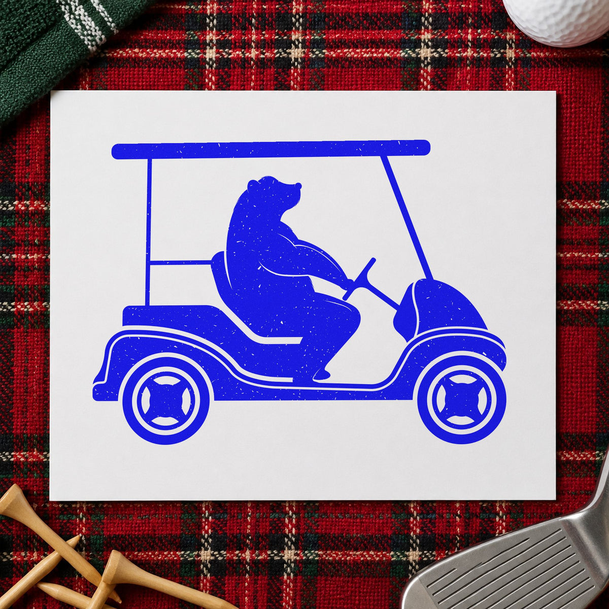 Bear Driving Golf Cart craft stamp imprinted in blue ink on paper, a design suited to framed nursery shelf.