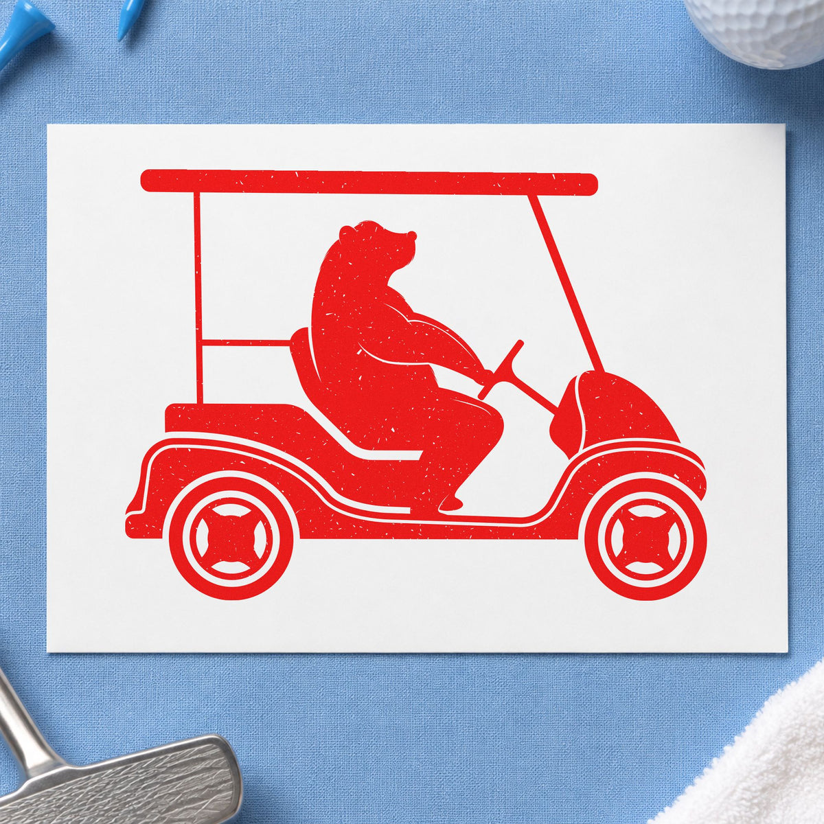 Bear Driving Golf Cart rubber stamp shown in red ink, stamped for projects such as bin size labels.