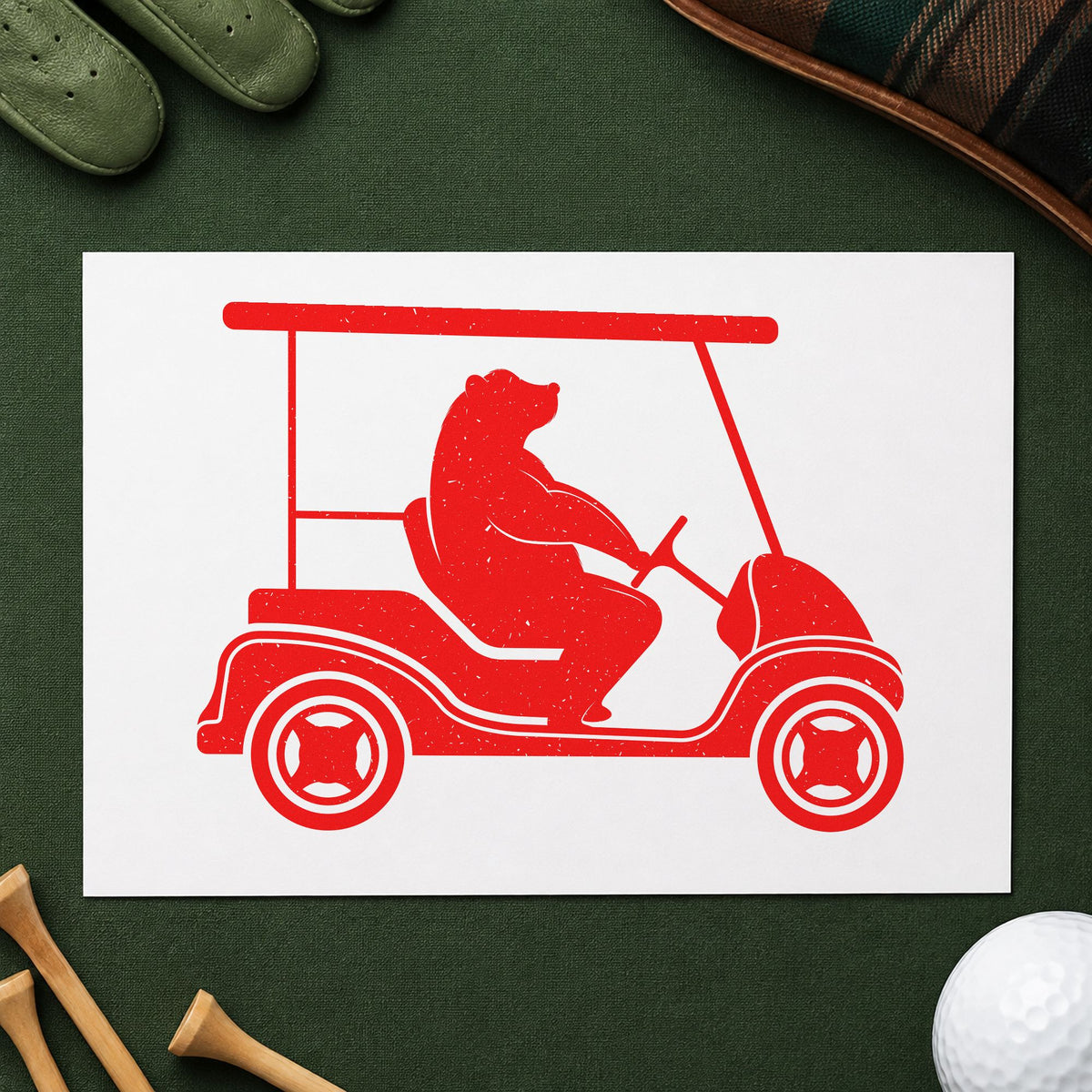 Bear Driving Golf Cart craft stamp imprint in red ink on a handmade project, one idea being milestone note cards.