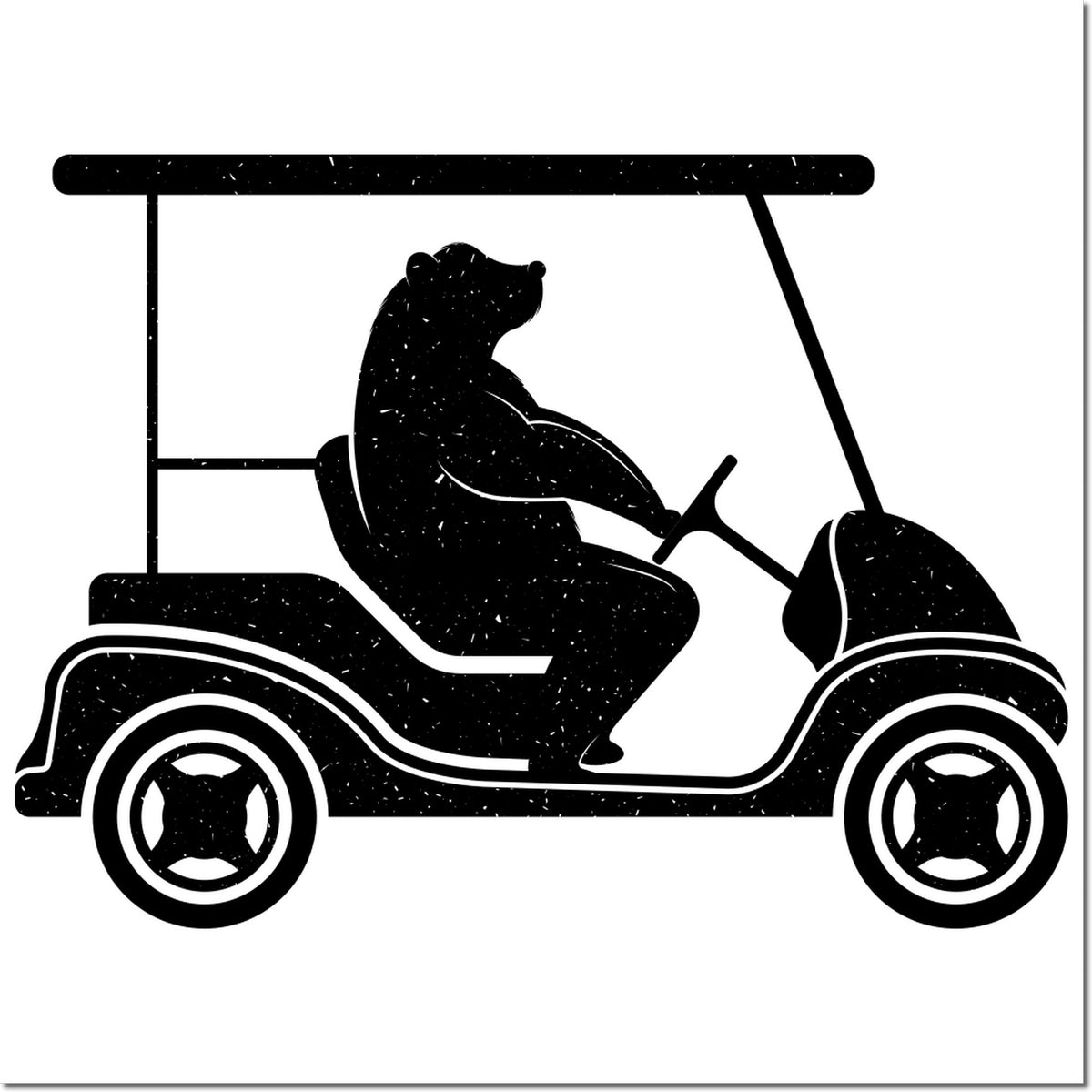 Black bear driving a golf cart stamp, distressed black seal-style silhouette on white.