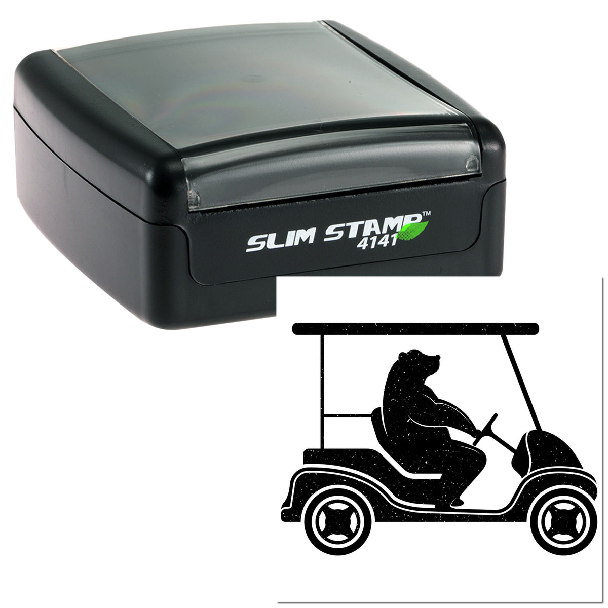 Black and gray Slim Stamp 4141 self-inking stamp with golf cart seal impression