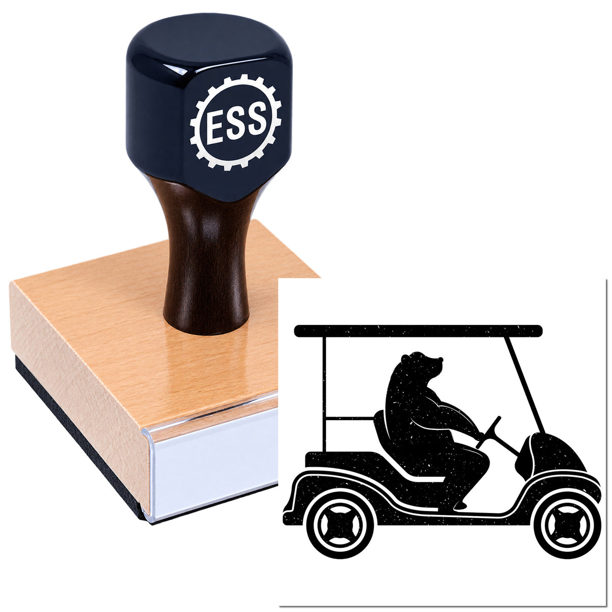 Dark blue ESS custom rubber stamp on a wood block beside a black golf cart seal design.