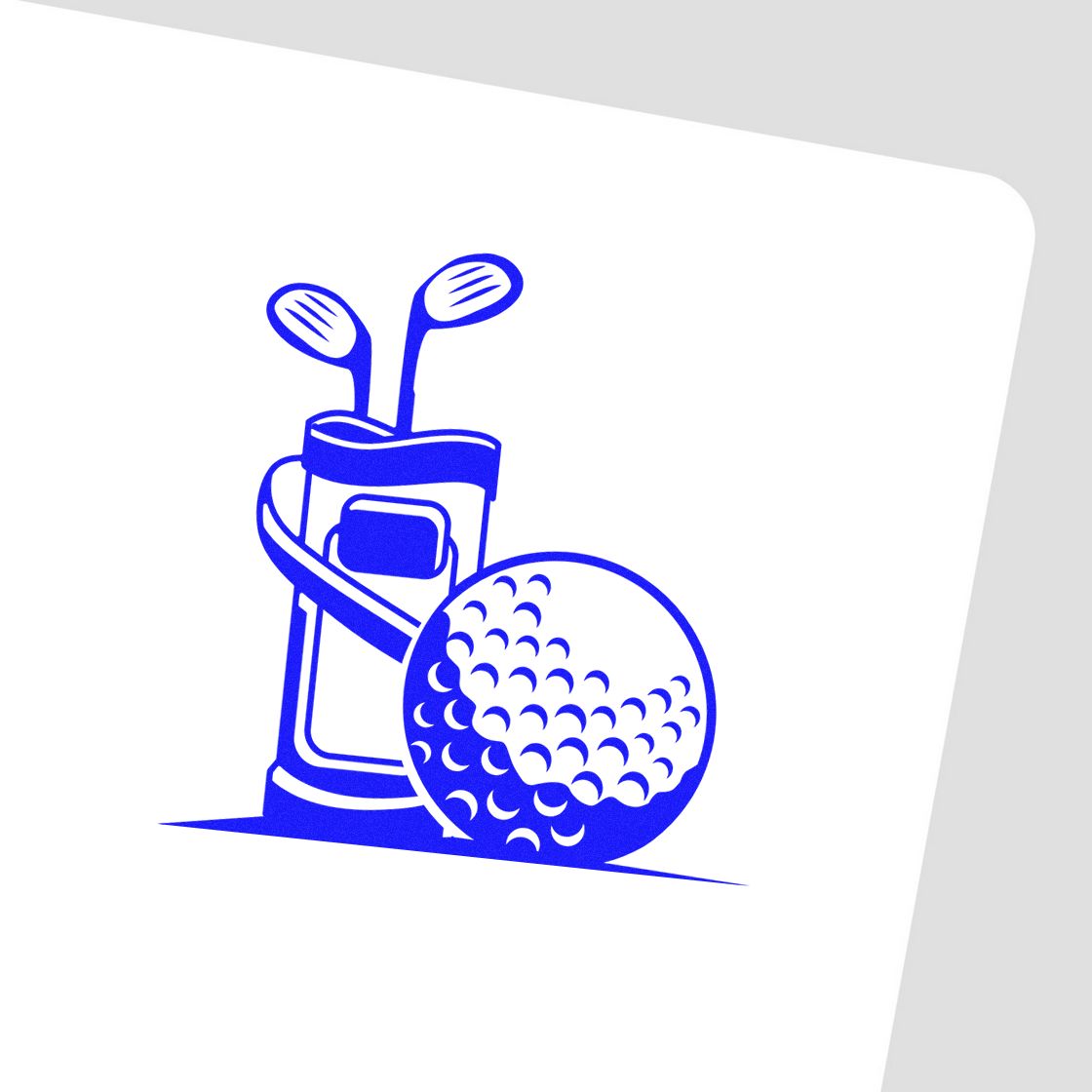 Blue golf bag with clubs and dimpled golf ball stamp and seal design on a white background.