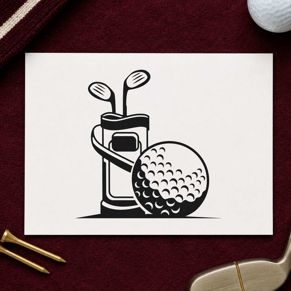 Golf Bag And Ball rubber stamp printed in black ink, ready for ship book sheet and similar paper crafts.