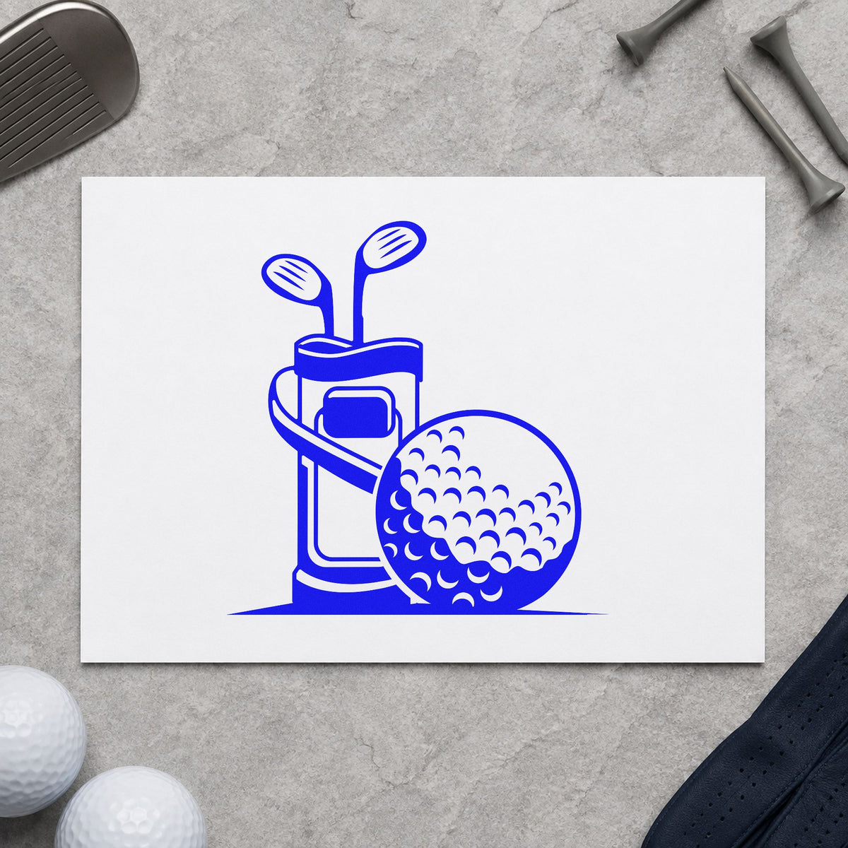 Golf Bag And Ball craft stamp in blue ink on cardstock, an easy option for case cover printing.