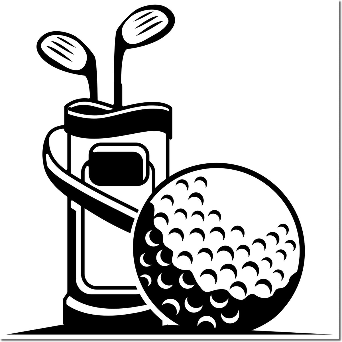 Black golf bag stamp and golf ball seal design with clubs on a white background