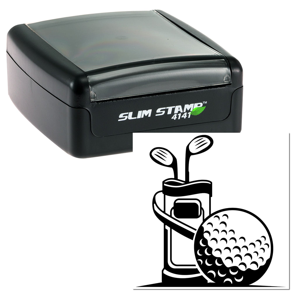 Black slim self-inking stamp and seal with translucent gray lid and golf tee logo