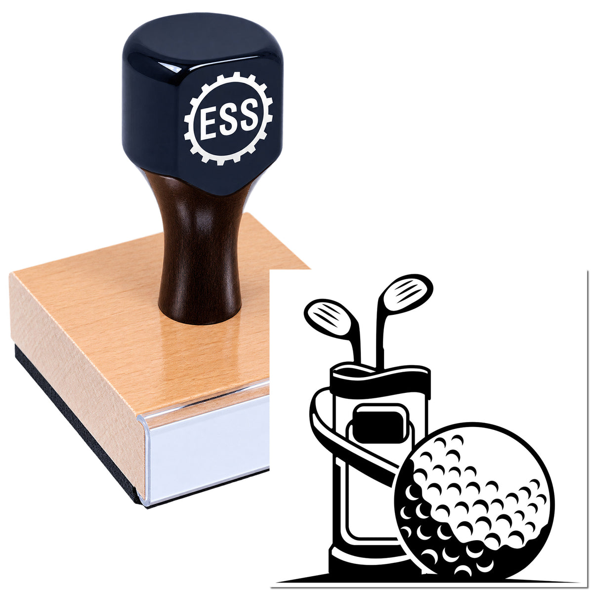 Black ESS golf club head stamp with pink base and golf ball icon, showing a custom stamp and seal product.